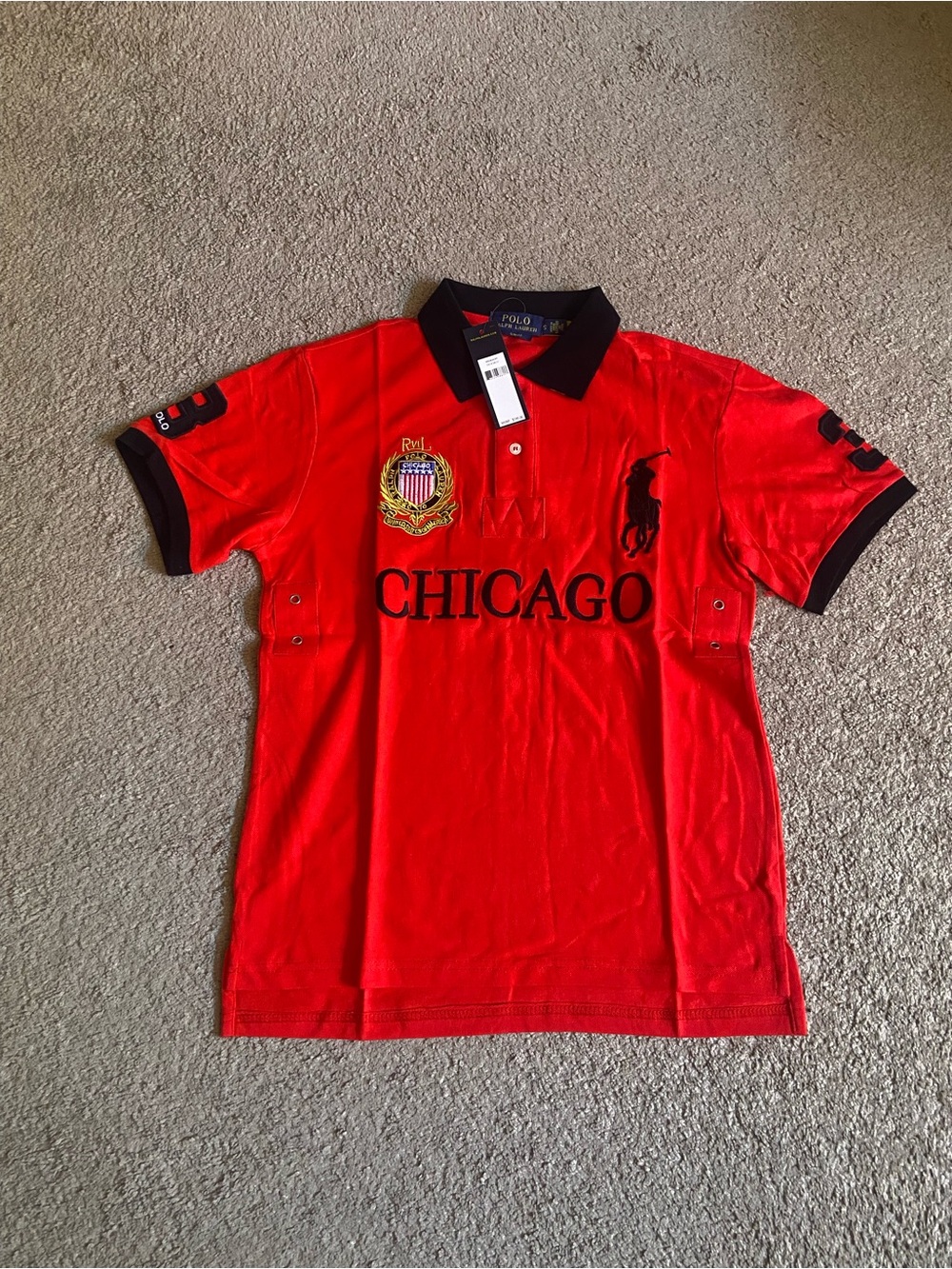 Polo by Ralph Lauren Red Polo with Black Collar and Chicago across the chest